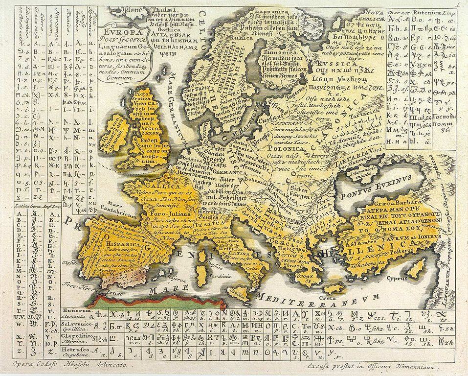Первые слова христианской молитвы «Отче наш», записанные на нескольких языках на карте Европы