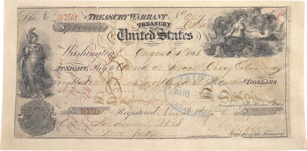 Чек от 1 августа 1868 года на сумму 7,2 млн долларов