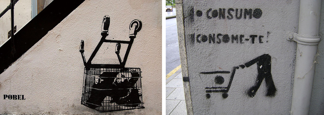 Антипотребительские граффити. На правом написано «Потребление потребляет вас»