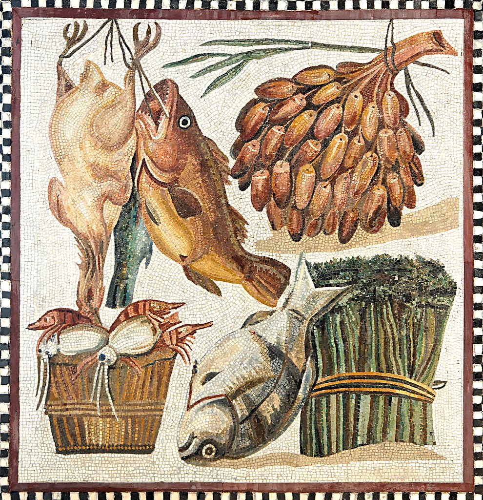 Древнеримская мозаика с изображением продуктов, которые продаются на рынке